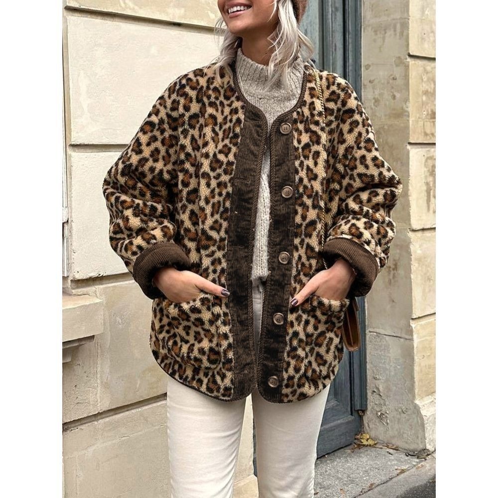 Trendy Leopard Print Faux Fur Jacket Button‎ Down Corduroy Trim Coat